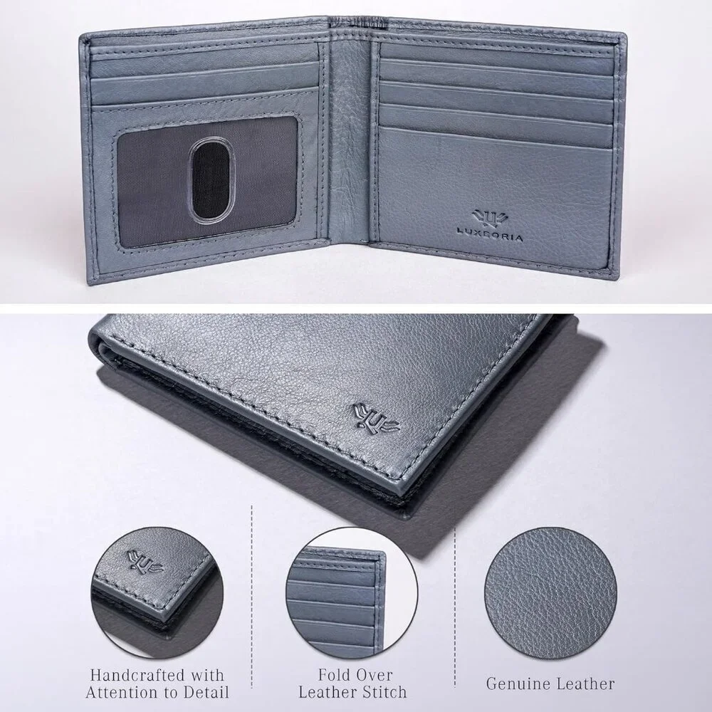 Men's Fashion Genuine Leather Slim Bifold Gray Wallet Card Stylish Blocking